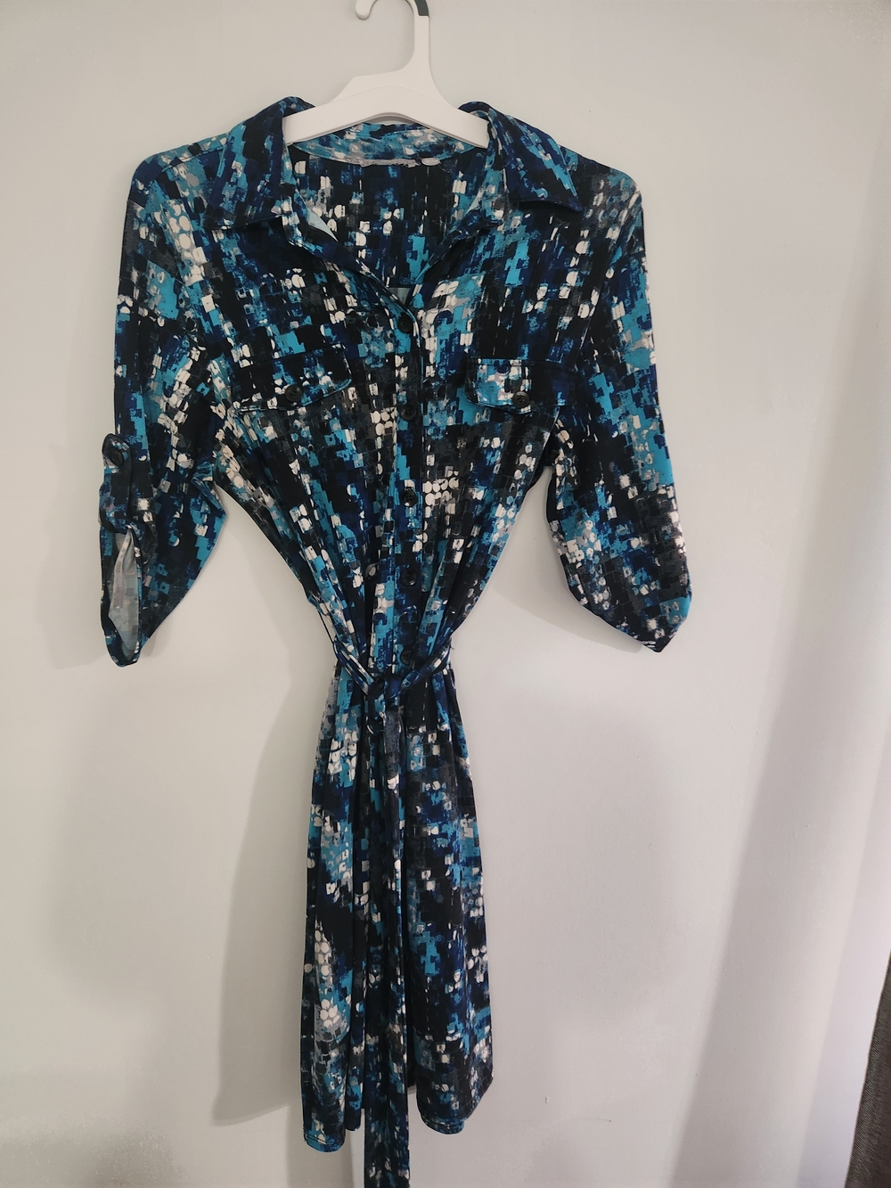 Blue Abstract Print Shirt Dress with Tie Waist Size 8/10